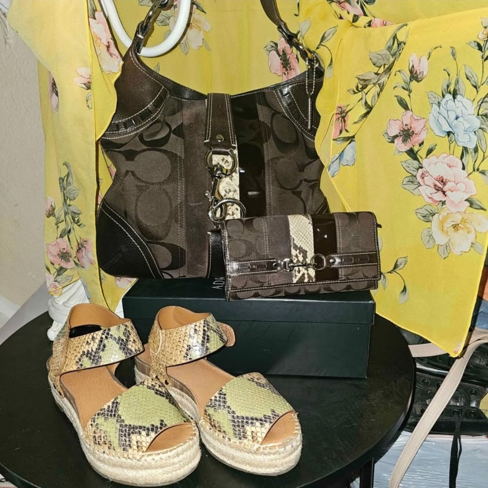 Coach Brown and Snake Print Handbag Set